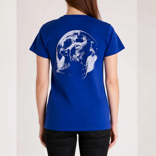 Damen T-Shirt in Royal Blau mit handgedrucktem Wolfsdesign im Siebdruck, taillierter Schnitt, weiche Baumwolle und hochwertiger Druck