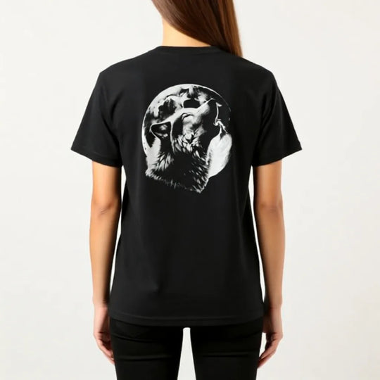 Schwarzes Damen T-Shirt mit großem Wolfsdesign im hochwertigen Siebdruck, handgefertigt und angenehm zu tragen