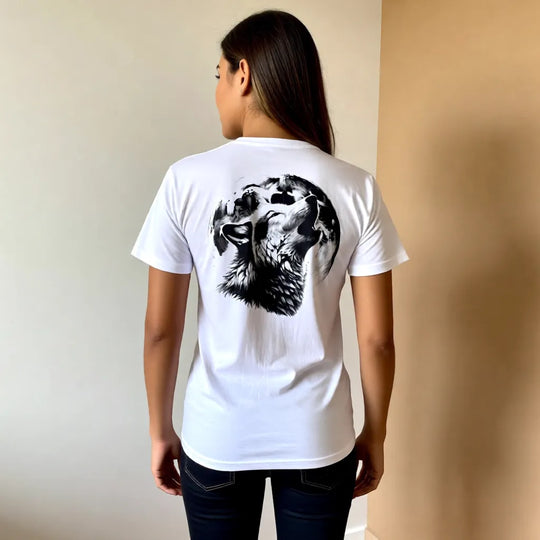 Weißes Damen T-Shirt mit detailreichem Wolfsdesign im handgedruckten Siebdruck, angenehm weiches Baumwollshirt mit femininer Passform