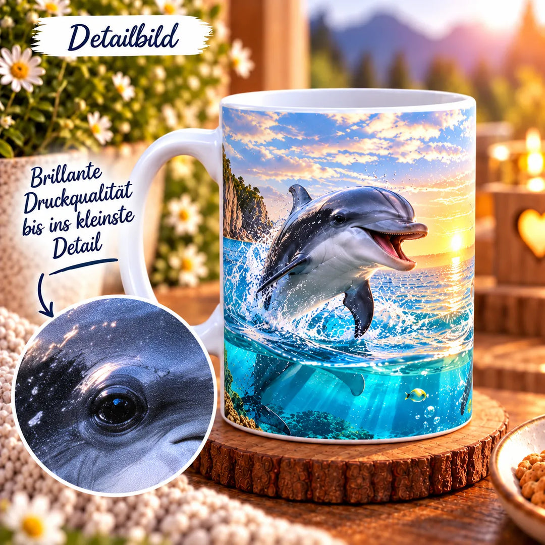 Nahaufnahme des Delfin-Druckmotivs mit vergrößertem Ausschnitt des Delfinauges