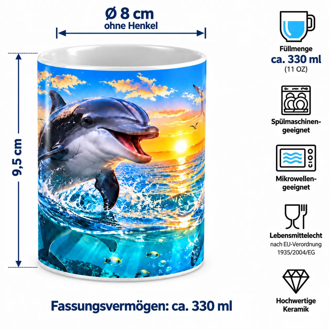 Maßübersicht der Delfin-Keramiktasse: ca. 9,5 cm Höhe, 8 cm Durchmesser und 330 ml Fassungsvermögen