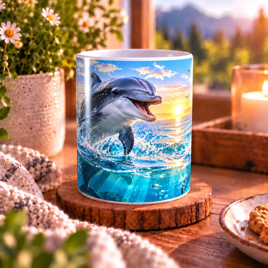 Keramiktasse mit springendem Delfin, türkisblauem Meer und Sonnenuntergang