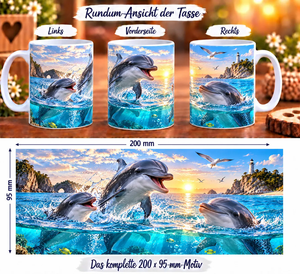 Delfin-Tasse aus drei Perspektiven und vollständiges Druckmotiv mit drei Delfinen, Meer und Küstenlandschaft