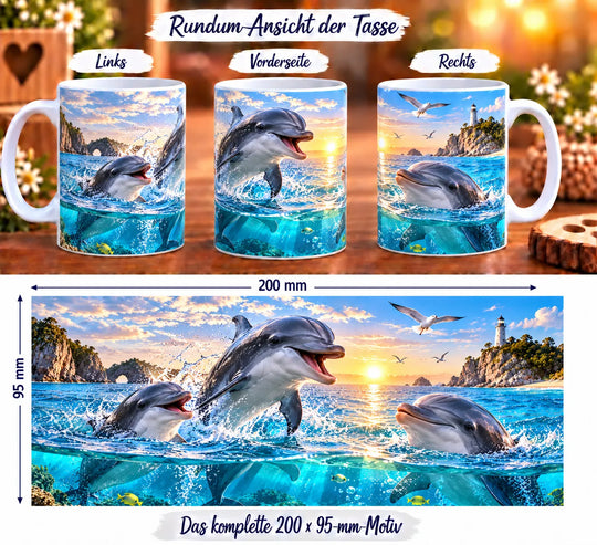 Delfin-Tasse aus drei Perspektiven und vollständiges Druckmotiv mit drei Delfinen, Meer und Küstenlandschaft
