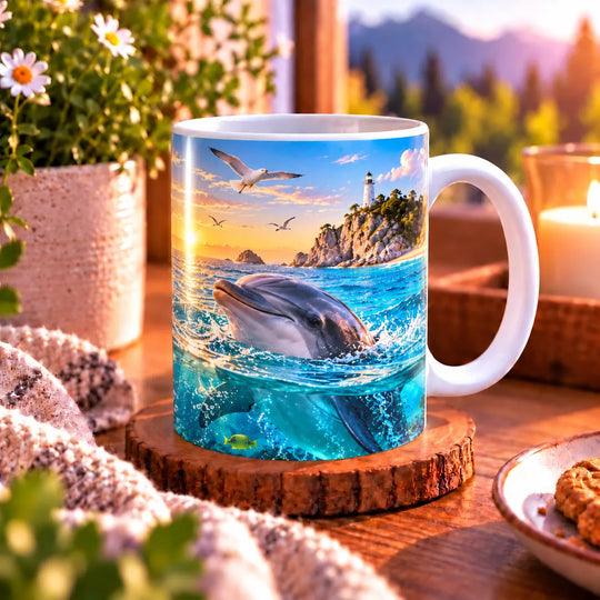 Seitenansicht der Delfin-Tasse mit weißem Henkel, Delfin im Meer und Leuchtturm an der Küste