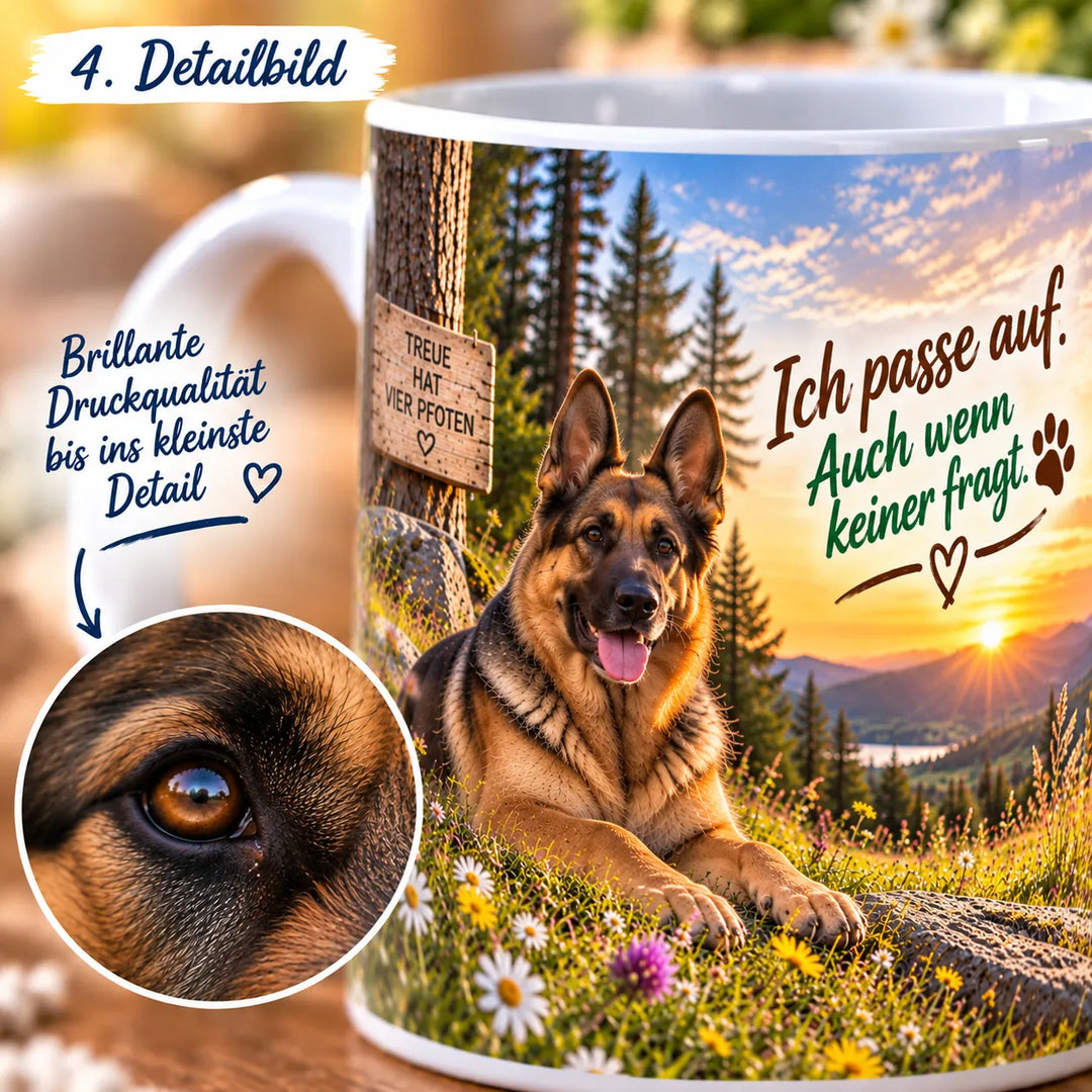 Nahaufnahme des Schäferhund-Druckmotivs mit vergrößertem Ausschnitt des Hundeauges