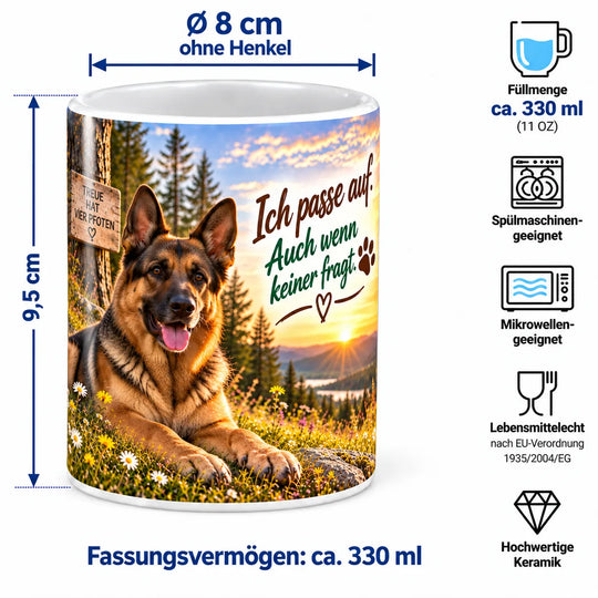 Maßübersicht der Schäferhund-Keramiktasse: ca. 9,5 cm Höhe, 8 cm Durchmesser und 330 ml Fassungsvermögen