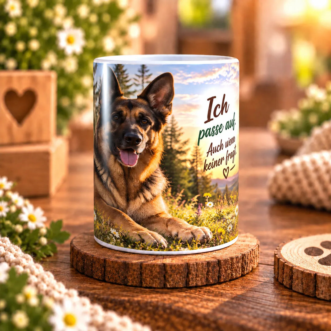 Keramiktasse mit Deutschem Schäferhund bei Sonnenuntergang und Spruch „Ich passe auf. Auch wenn keiner fragt.“
