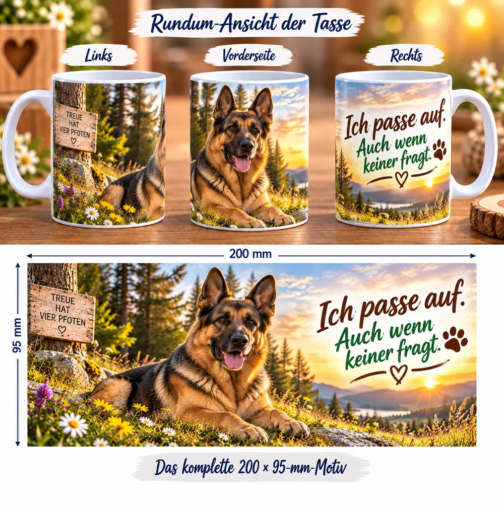 Schäferhund-Tasse aus drei Perspektiven und vollständiges Druckmotiv mit Hund, Wildblumen, Wald und Sonnenuntergang
