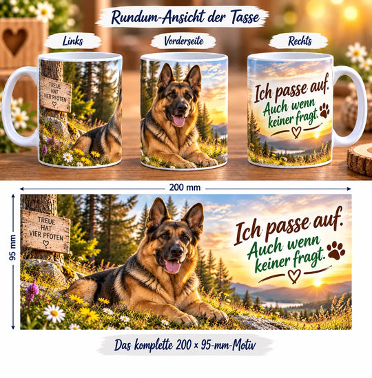 Schäferhund-Tasse aus drei Perspektiven und vollständiges Druckmotiv mit Hund, Wildblumen, Wald und Sonnenuntergang
