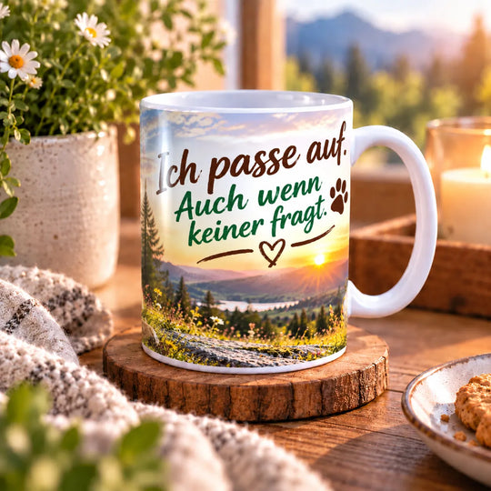 Seitenansicht der Schäferhund-Tasse mit weißem Henkel und Aufschrift „Ich passe auf. Auch wenn keiner fragt.“