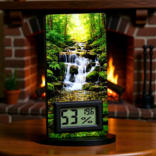 Personalisiertes digitales Thermometer mit Wasserfallmotiv dekorativ auf Tisch im Wohnzimmer platziert