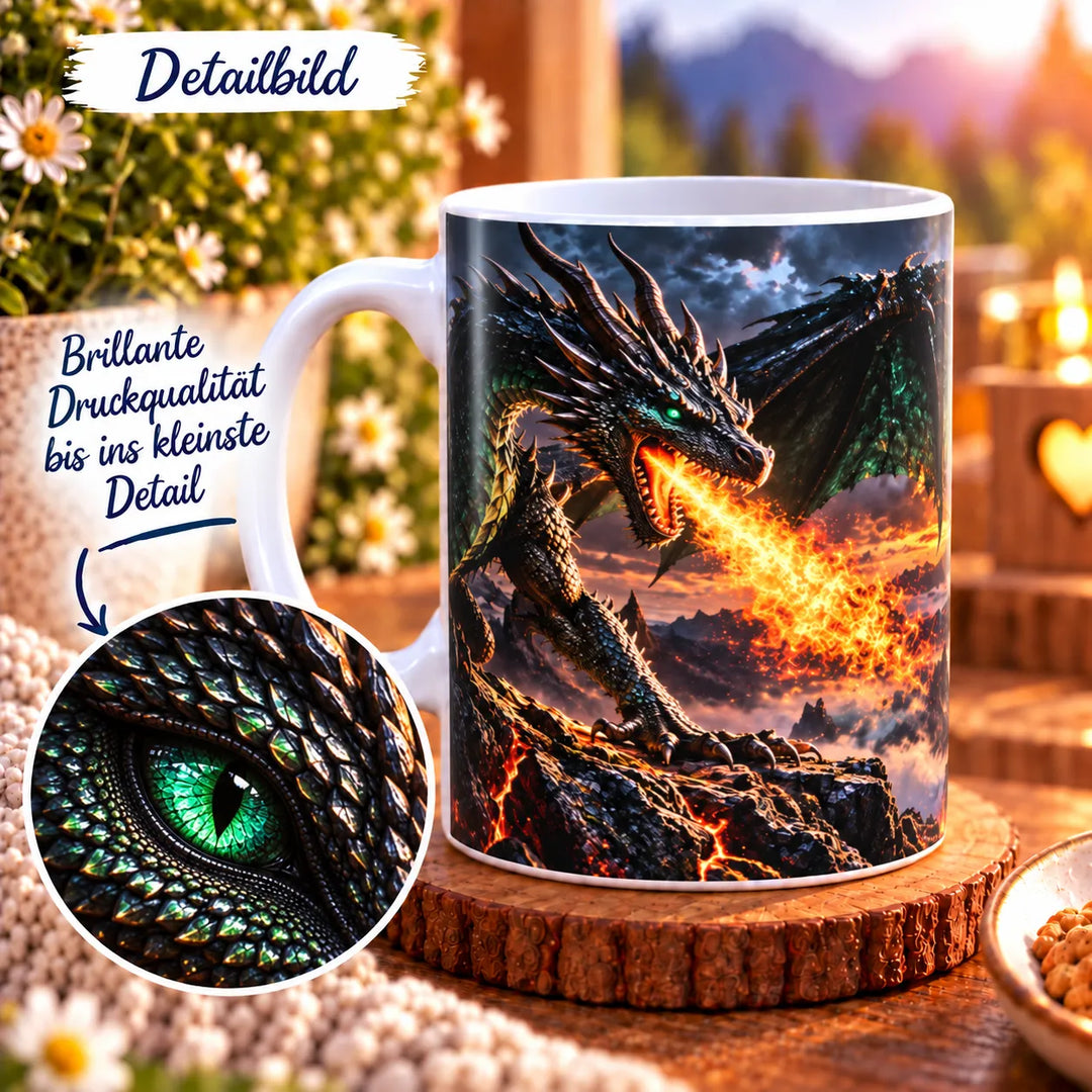 Nahaufnahme des Drachen-Druckmotivs mit vergrößertem Ausschnitt des grünen Drachenauges