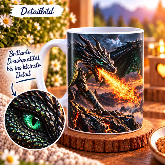 Nahaufnahme des Drachen-Druckmotivs mit vergrößertem Ausschnitt des grünen Drachenauges