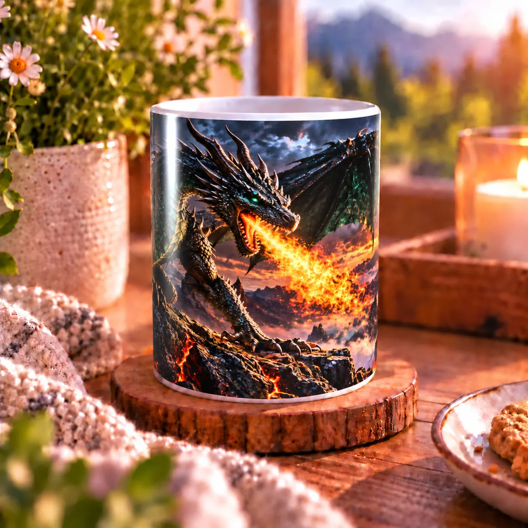 Keramiktasse mit feuerspeiendem Drachen, grün schimmernden Flügeln und orangefarbenen Flammen