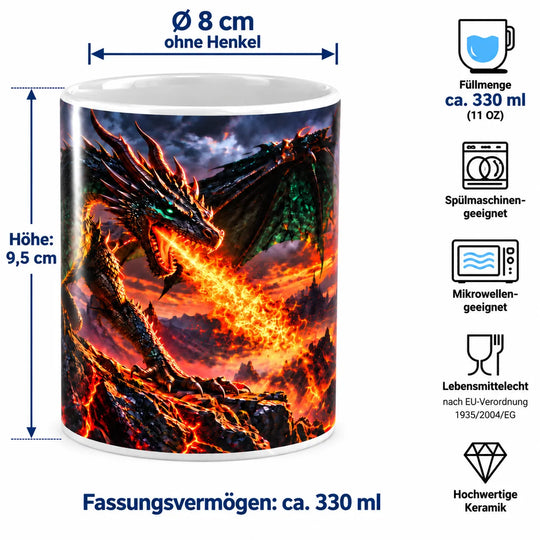 Maßübersicht der Drachen-Keramiktasse: ca. 9,5 cm Höhe, 8 cm Durchmesser und 330 ml Fassungsvermögen