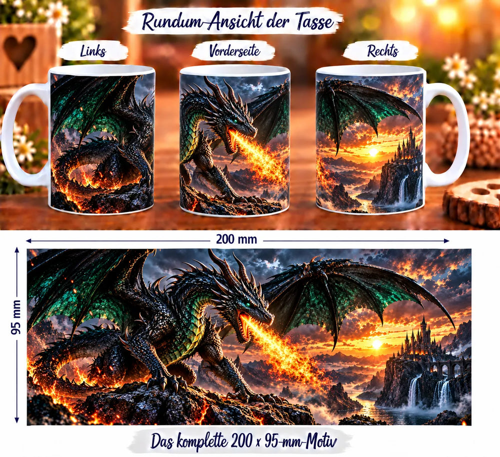 Drachen-Tasse aus drei Perspektiven und vollständiges Druckmotiv mit feuerspeiendem Drachen, Fantasy-Burg und Wasserfällen