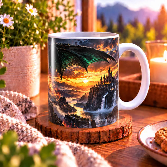 Seitenansicht der Drachen-Tasse mit weißem Henkel und Fantasy-Landschaft mit Burg im Sonnenuntergang