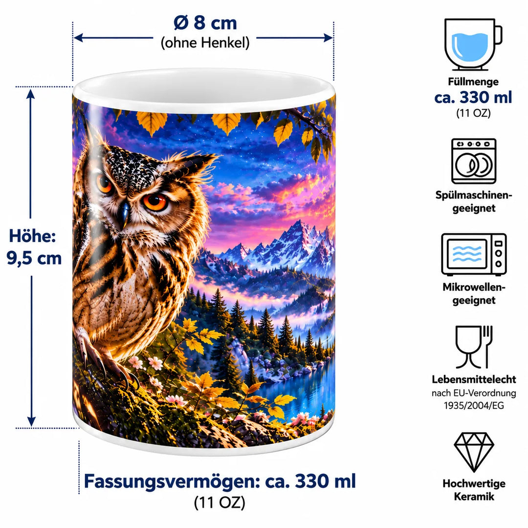 Maßübersicht der Eulen-Keramiktasse: ca. 9,5 cm Höhe, 8 cm Durchmesser und 330 ml Fassungsvermögen