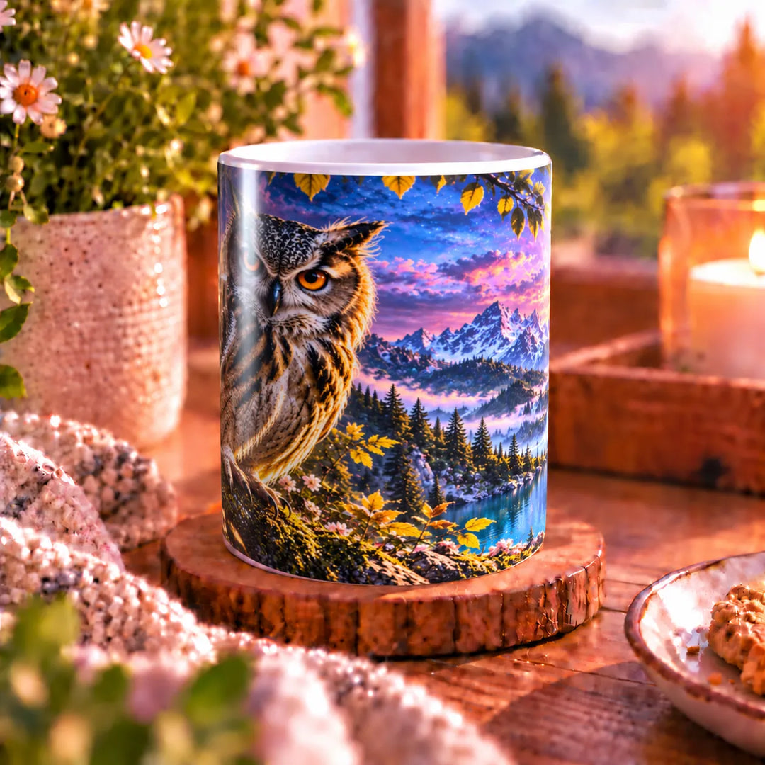 Keramiktasse mit Eule, orangefarbenen Augen und stimmungsvoller Berglandschaft mit Mond