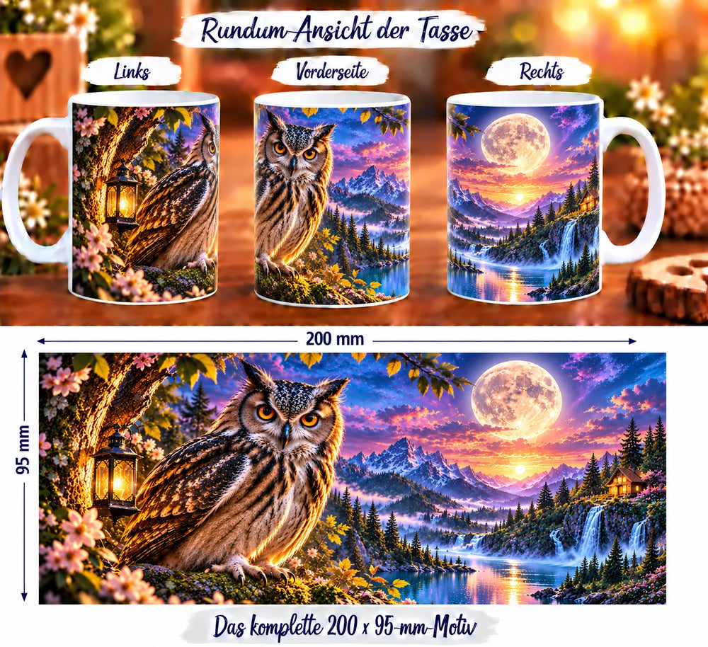 Eulen-Tasse aus drei Perspektiven und vollständiges Druckmotiv mit Eule, Laterne, Mond und Wasserfällen