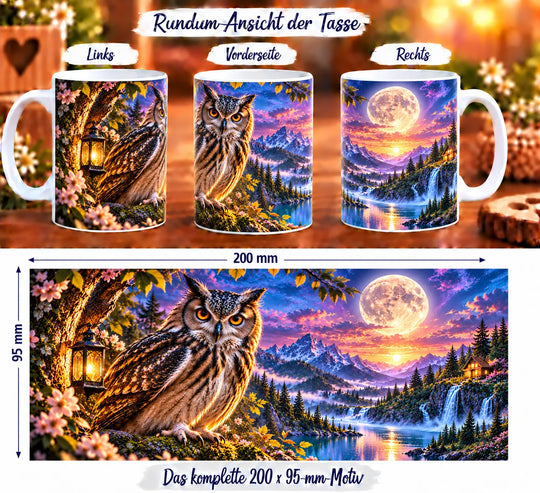 Eulen-Tasse aus drei Perspektiven und vollständiges Druckmotiv mit Eule, Laterne, Mond und Wasserfällen