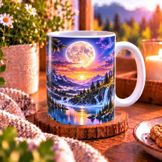 Seitenansicht der Eulen-Tasse mit weißem Henkel, großem Mond und Berglandschaft über einem See