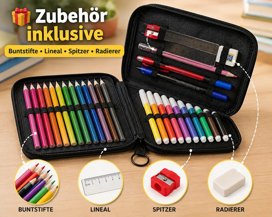 Federmäppchen mit Buntstiften, Lineal, Spitzer und Radierer