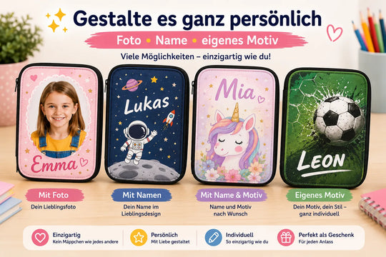 Personalisierte Federmäppchen mit Foto, Namen und verschiedenen Wunschmotiven