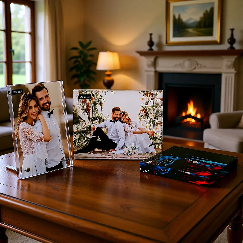 Personalisierte Fotoaufsteller aus Acrylglas mit eigenen Bildern als dekorative Wohnraum-Deko auf einem Tisch