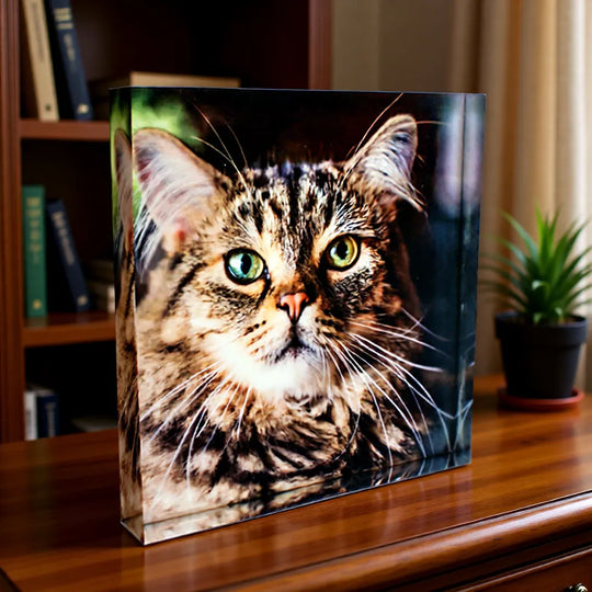 Acrylglas-Fotoaufsteller mit personalisiertem Tierfoto als dekorativer Blickfang im Wohnbereich