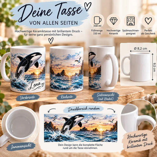 Weiße Keramiktasse mit Orca-Motiv aus mehreren Ansichten – Vorderseite, Rückseite, Henkel und Innenansicht