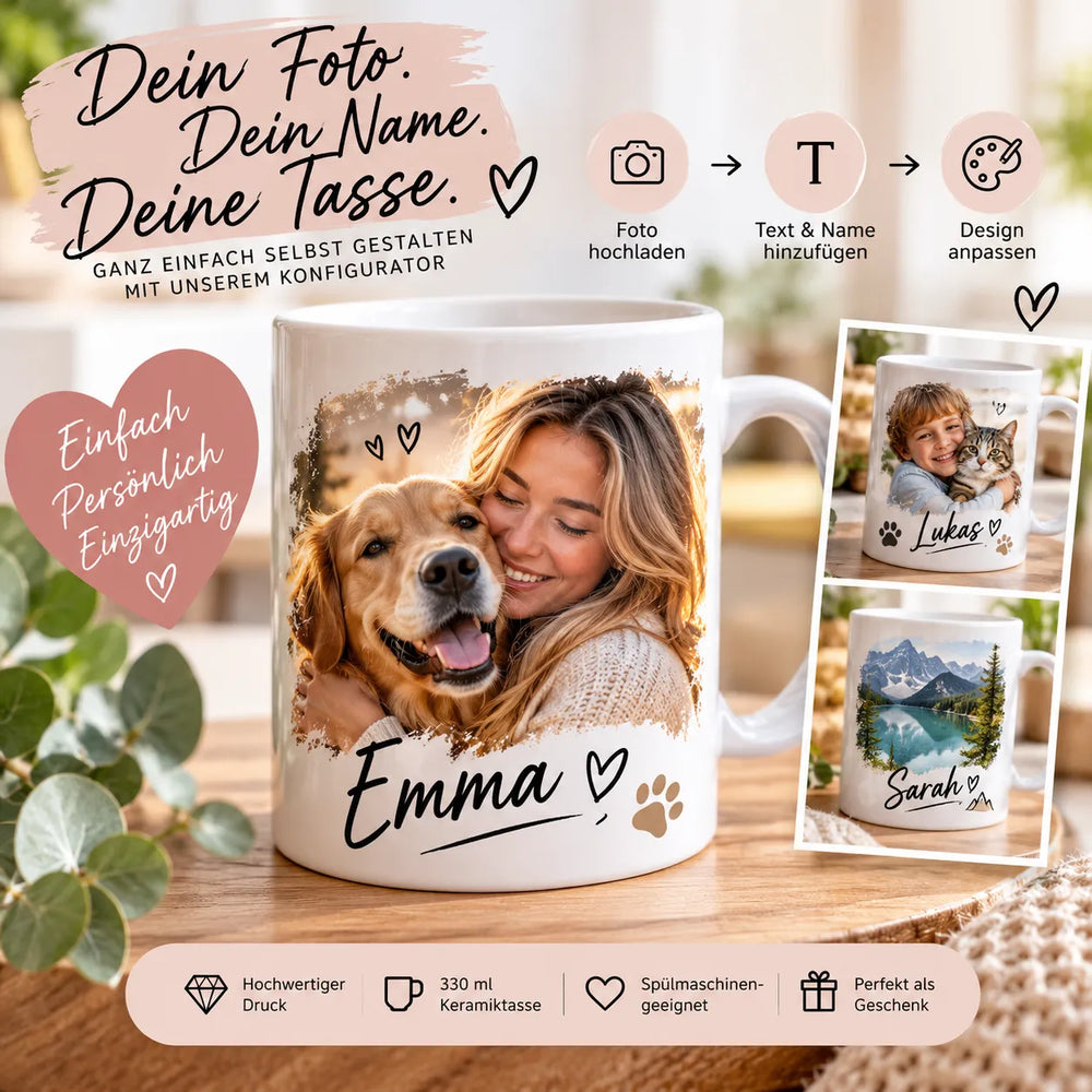 Fototasse selbst gestalten mit eigenem Foto und Namen – Beispiele mit Hund, Katze und Landschaft