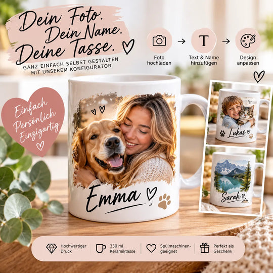 Fototasse selbst gestalten mit eigenem Foto und Namen – Beispiele mit Hund, Katze und Landschaft