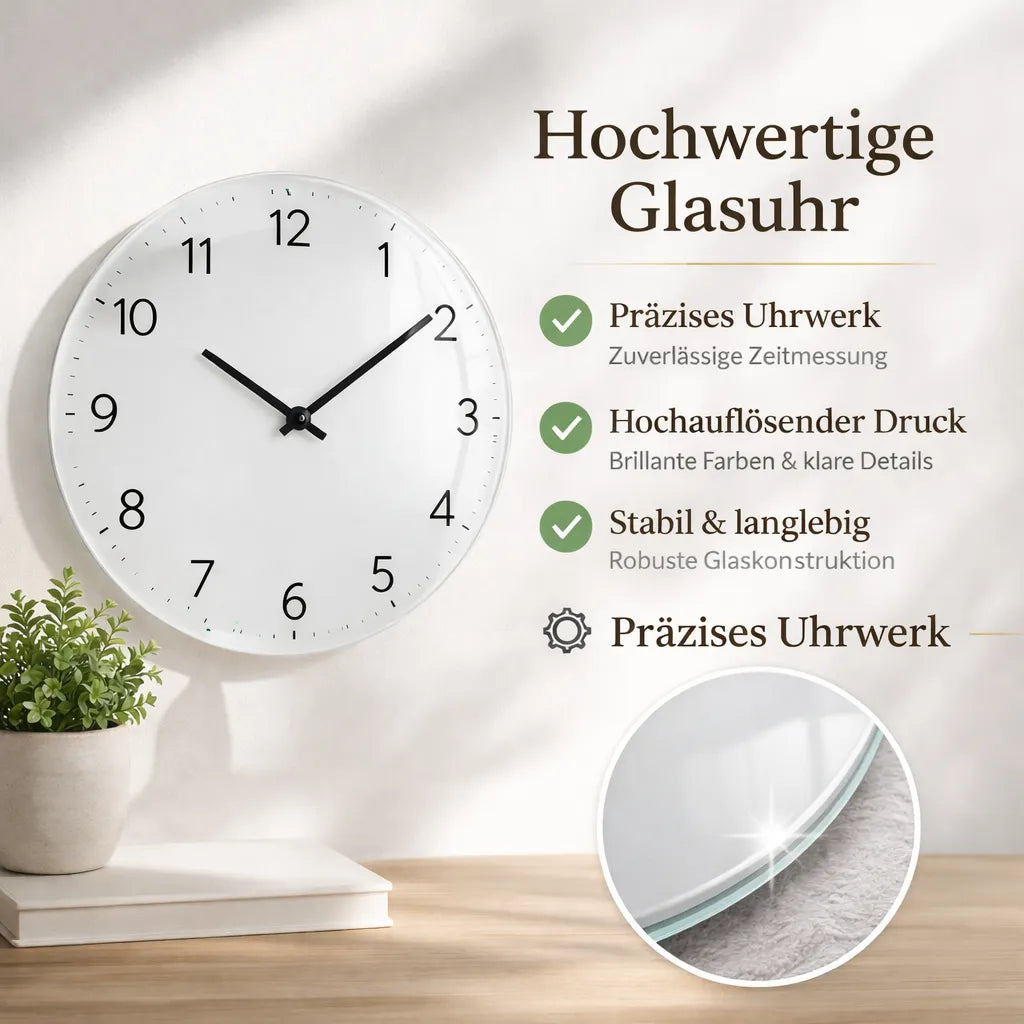 Hochwertige Glasuhr mit präzisem Uhrwerk und hochauflösendem Druck