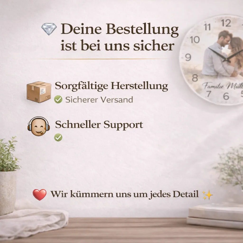 Personalisierte Fotouhr mit sorgfältiger Herstellung, sicherem Versand und schnellem Support