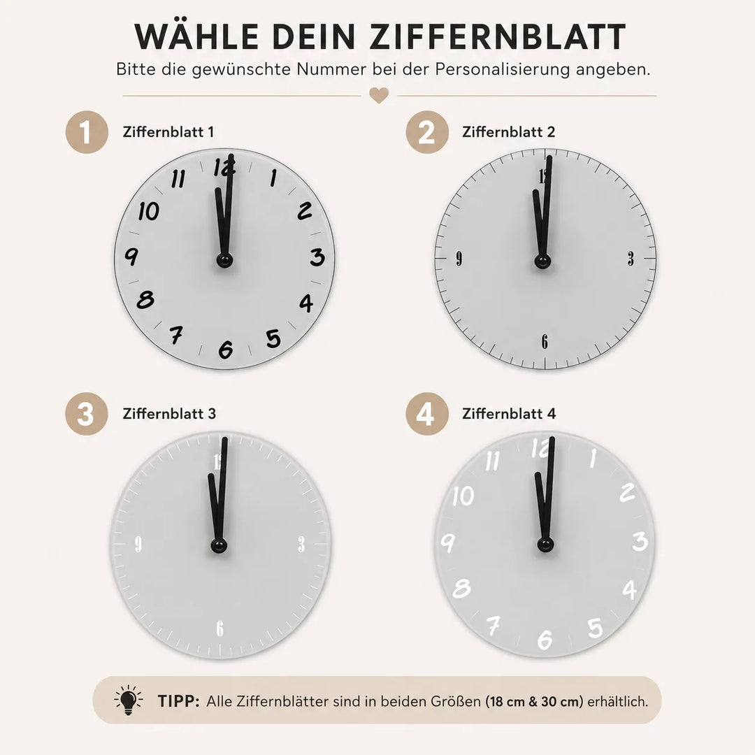 Auswahl der vier schwarzen und weißen Ziffernblätter für die personalisierte Fotouhr