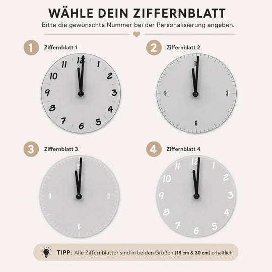Auswahl der vier schwarzen und weißen Ziffernblätter für die personalisierte Fotouhr