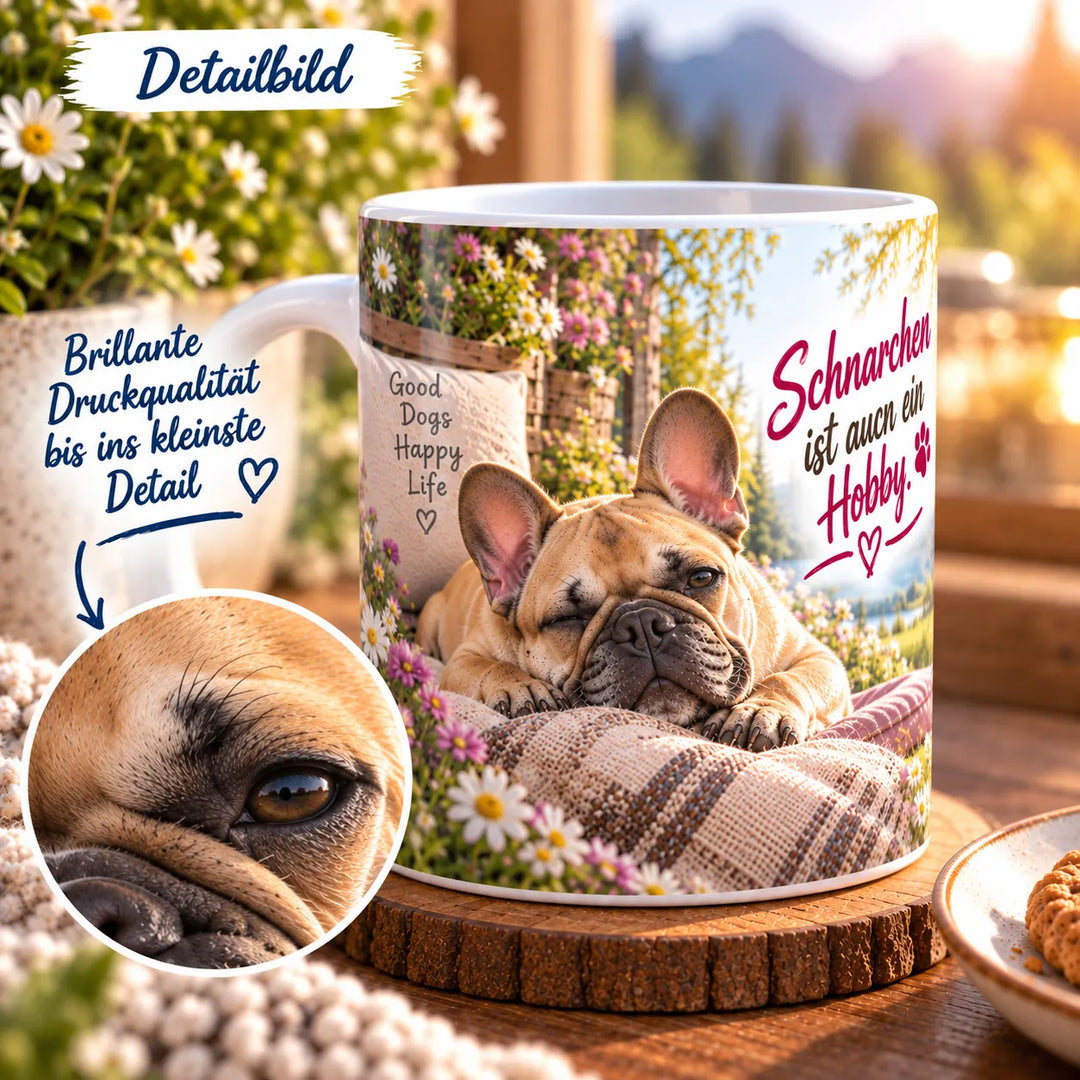 Nahaufnahme des Bulldoggen-Druckmotivs mit vergrößertem Ausschnitt des Hundeauges