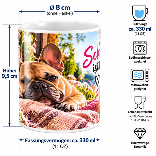 Maßübersicht der Bulldoggen-Keramiktasse: ca. 9,5 cm Höhe, 8 cm Durchmesser und 330 ml Fassungsvermögen