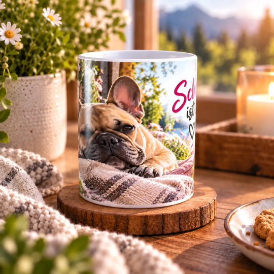 Keramiktasse mit entspannter Französischer Bulldogge auf einer Decke und Spruch „Schnarchen ist auch ein Hobby.“