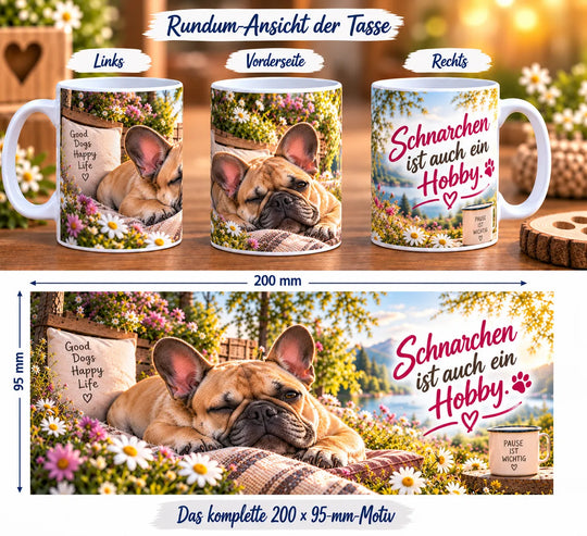 Bulldoggen-Tasse aus drei Perspektiven und vollständiges Druckmotiv mit Hund, Blumen, Kissen und Spruch