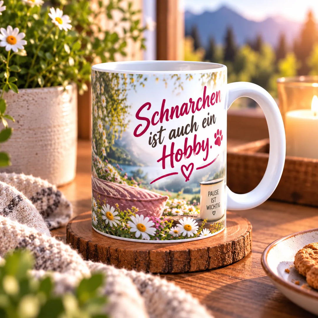 Seitenansicht der Bulldoggen-Tasse mit weißem Henkel und Aufschrift „Schnarchen ist auch ein Hobby.“