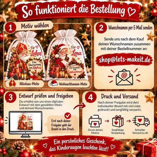 Bestellablauf: Motiv wählen, Wunschname und Bestellnummer an shop@lets-makeit.de senden, Entwurf freigeben; danach Druck und Versand.