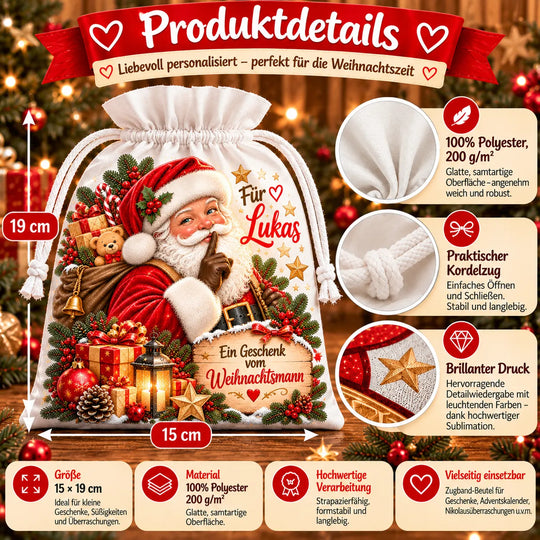 Produktdetails: Geschenkbeutel 15 × 19 cm aus 100 % Polyester mit 200 g/m², samtartiger Oberfläche, Kordelzug und Sublimationsdruck.