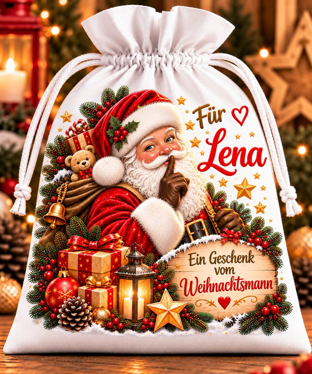 Weißer Geschenkbeutel mit Kordelzug, Weihnachtsmannmotiv, Beispielname Lena und dem Schriftzug „Ein Geschenk vom Weihnachtsmann“.