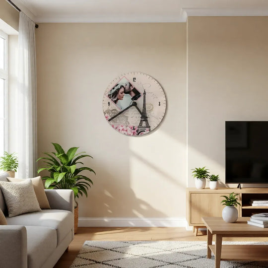Personalisierte Glaswanduhr mit Paarfoto als dekorative Fotouhr in einer Wohnzimmer