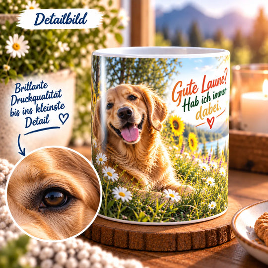 Nahaufnahme des Golden-Retriever-Druckmotivs mit vergrößertem Ausschnitt des Hundeauges