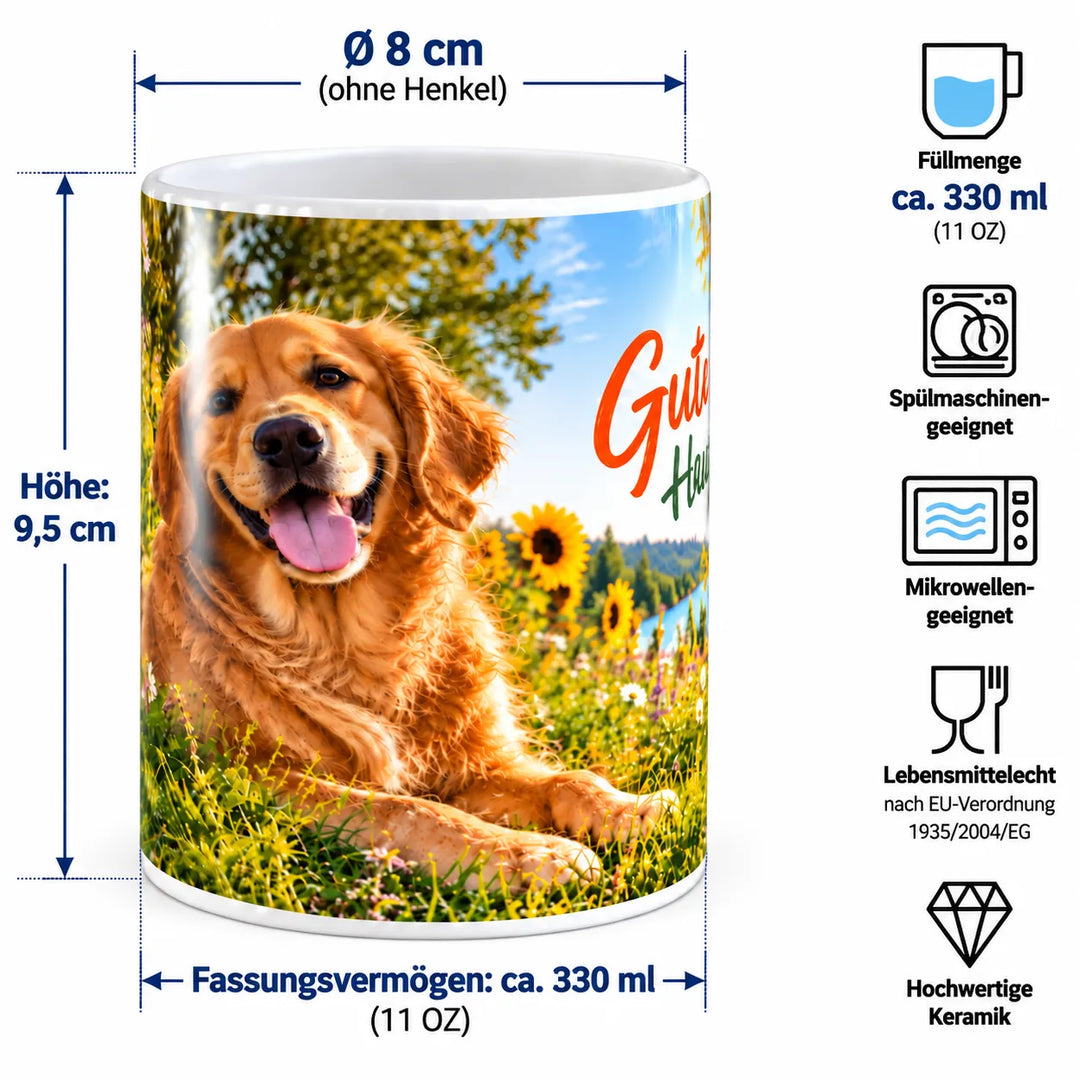 Maßübersicht der Golden-Retriever-Keramiktasse: ca. 9,5 cm Höhe, 8 cm Durchmesser und 330 ml Fassungsvermögen