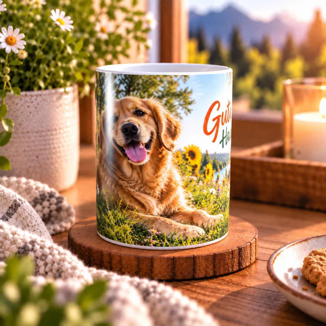 Keramiktasse mit Golden Retriever zwischen Sonnenblumen und dem Spruch „Gute Laune? Hab ich immer dabei.“